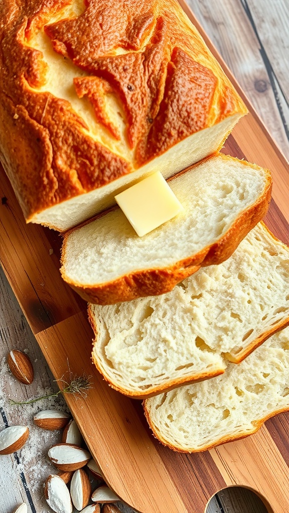 A fluffy loaf of keto bread on a cutting board with butter melting on top, surrounded by almond flour and herbs.